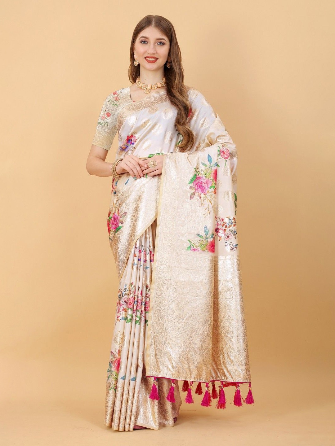 

VARNI FABRICS Woven Design Zari Pure Silk Banarasi Saree, Beige