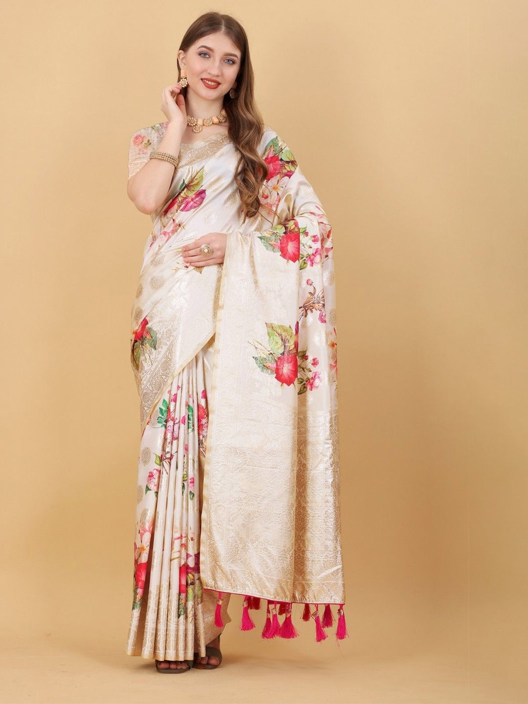 

VARNI FABRICS Floral Woven Design Zari Pure Silk Banarasi Saree, Gold