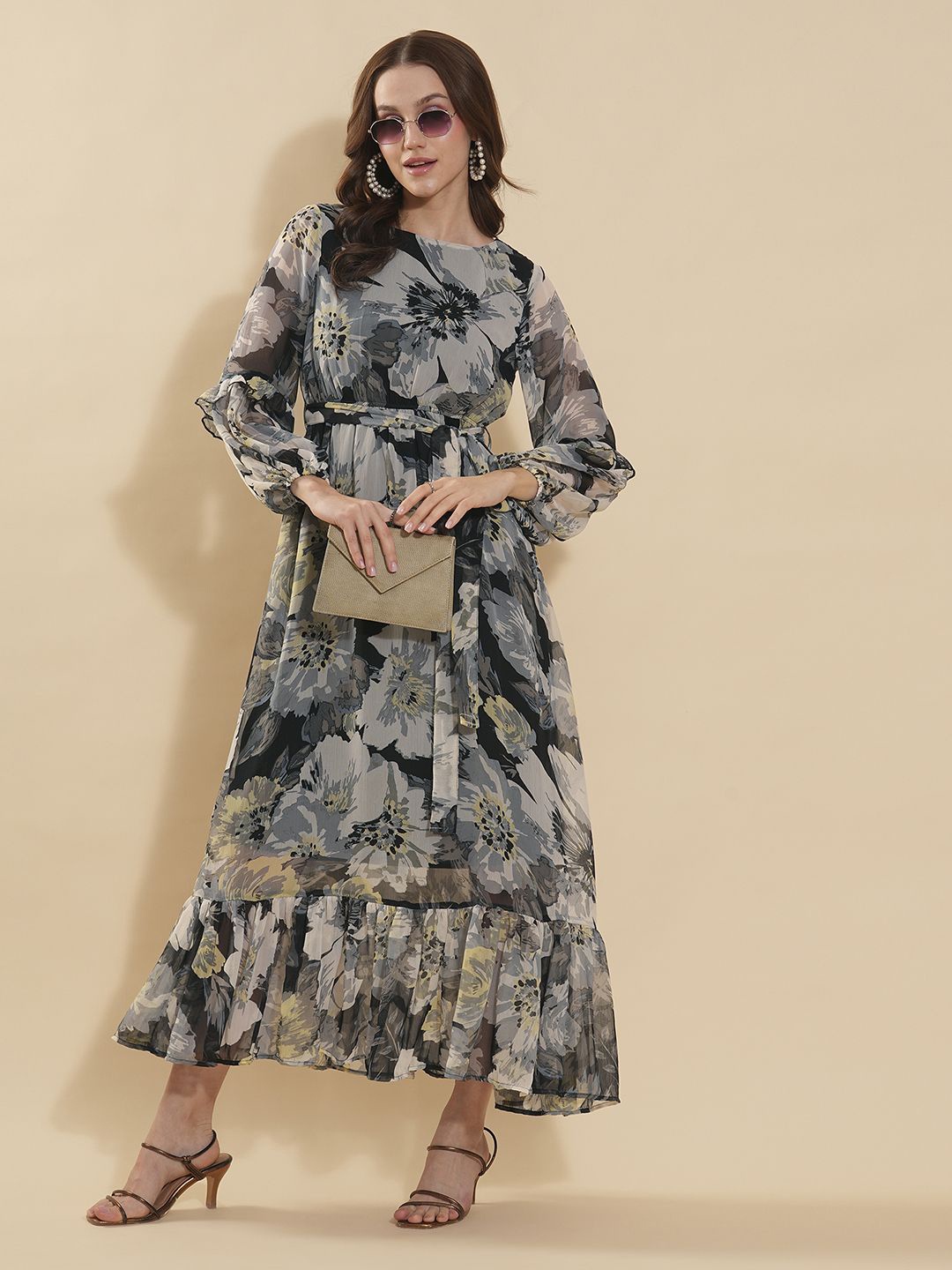

Murcia Floral Print Bishop Sleeve Chiffon Fit & Flare Maxi Dress, Black