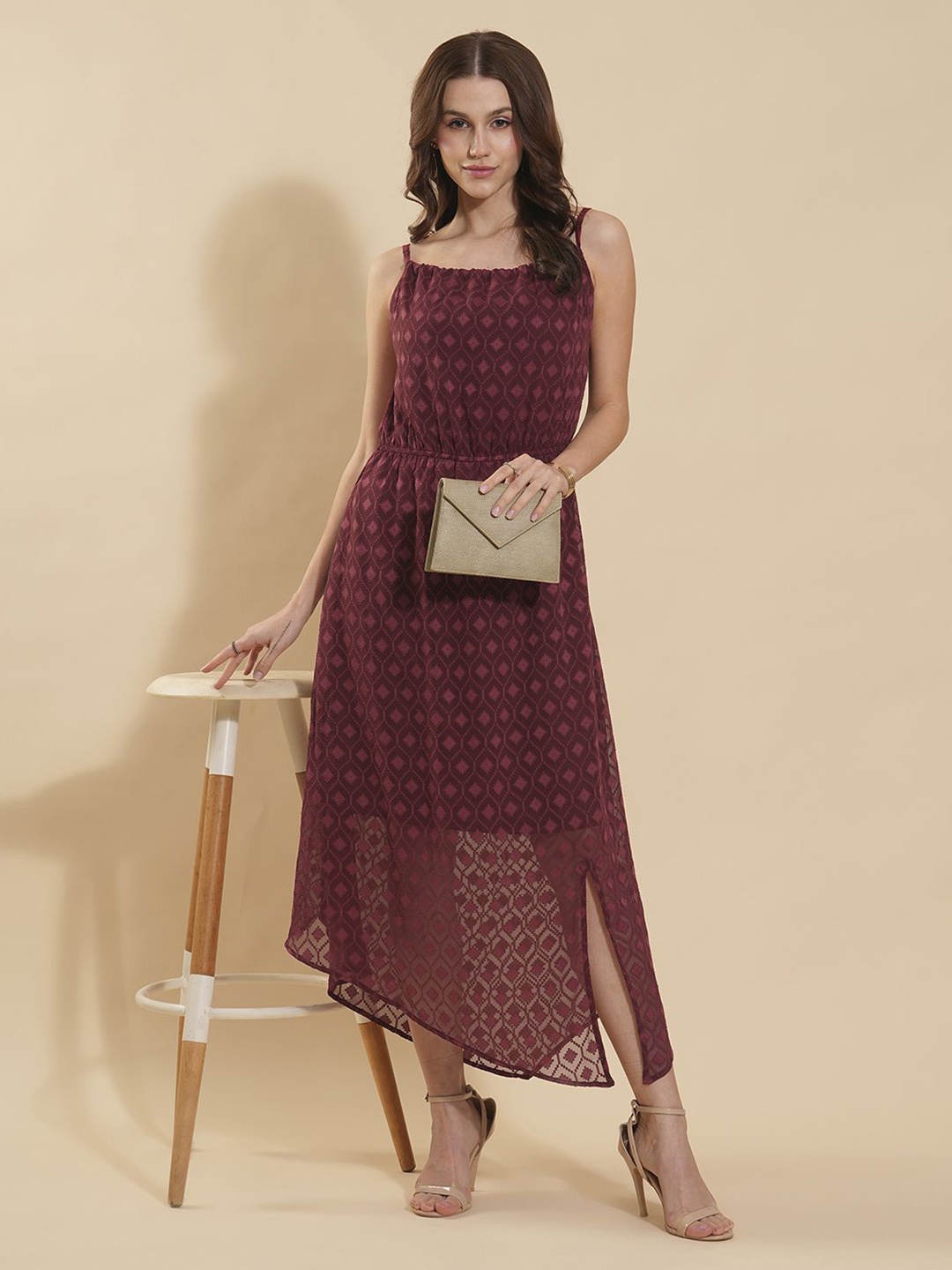 

Murcia Women Shoulder Straps Georgette Fit & Flare Midi Dress, Maroon