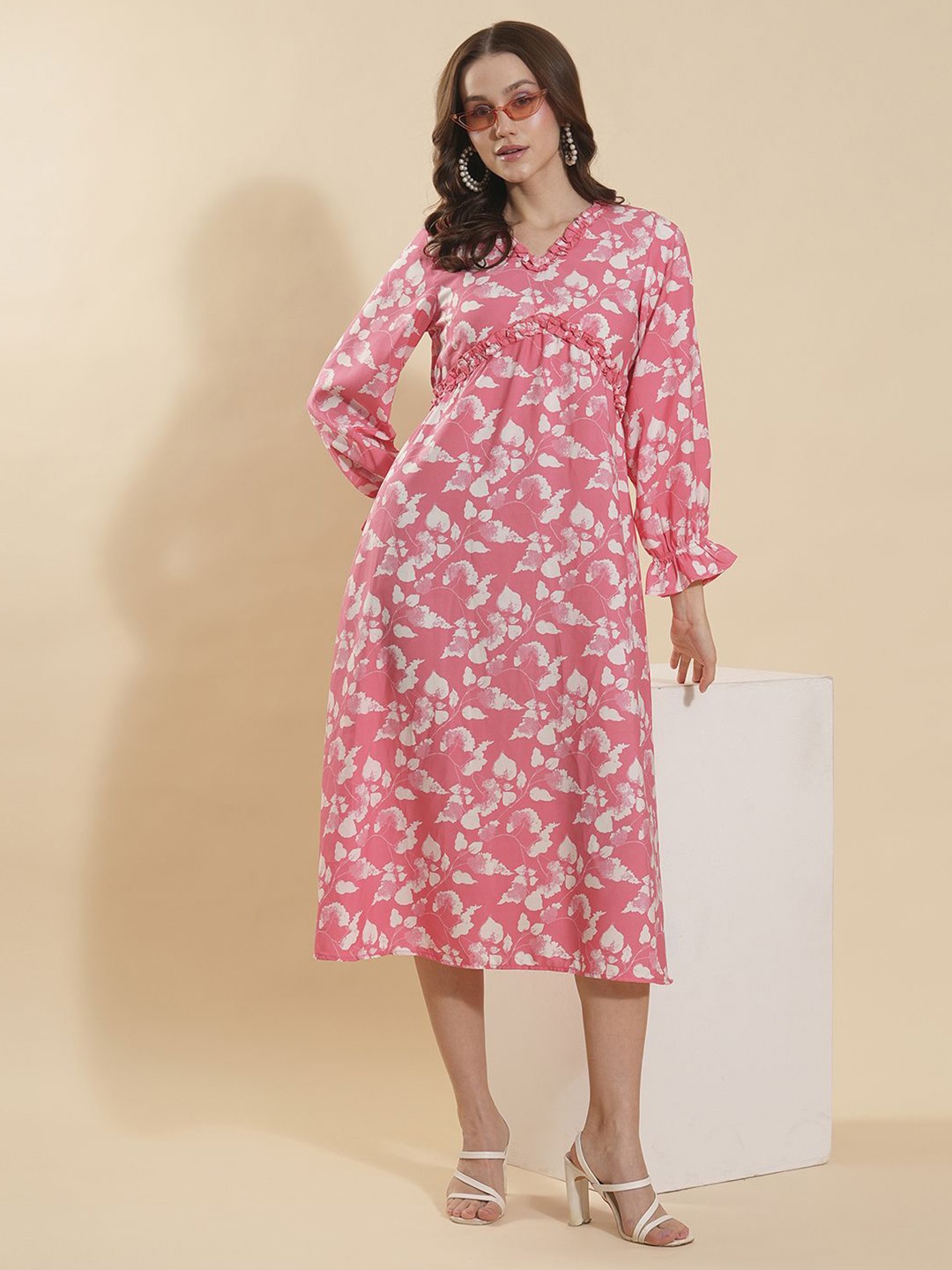

Murcia Women Floral Print Bishop Sleeve Ruffled Fit & Flare Dress, Pink