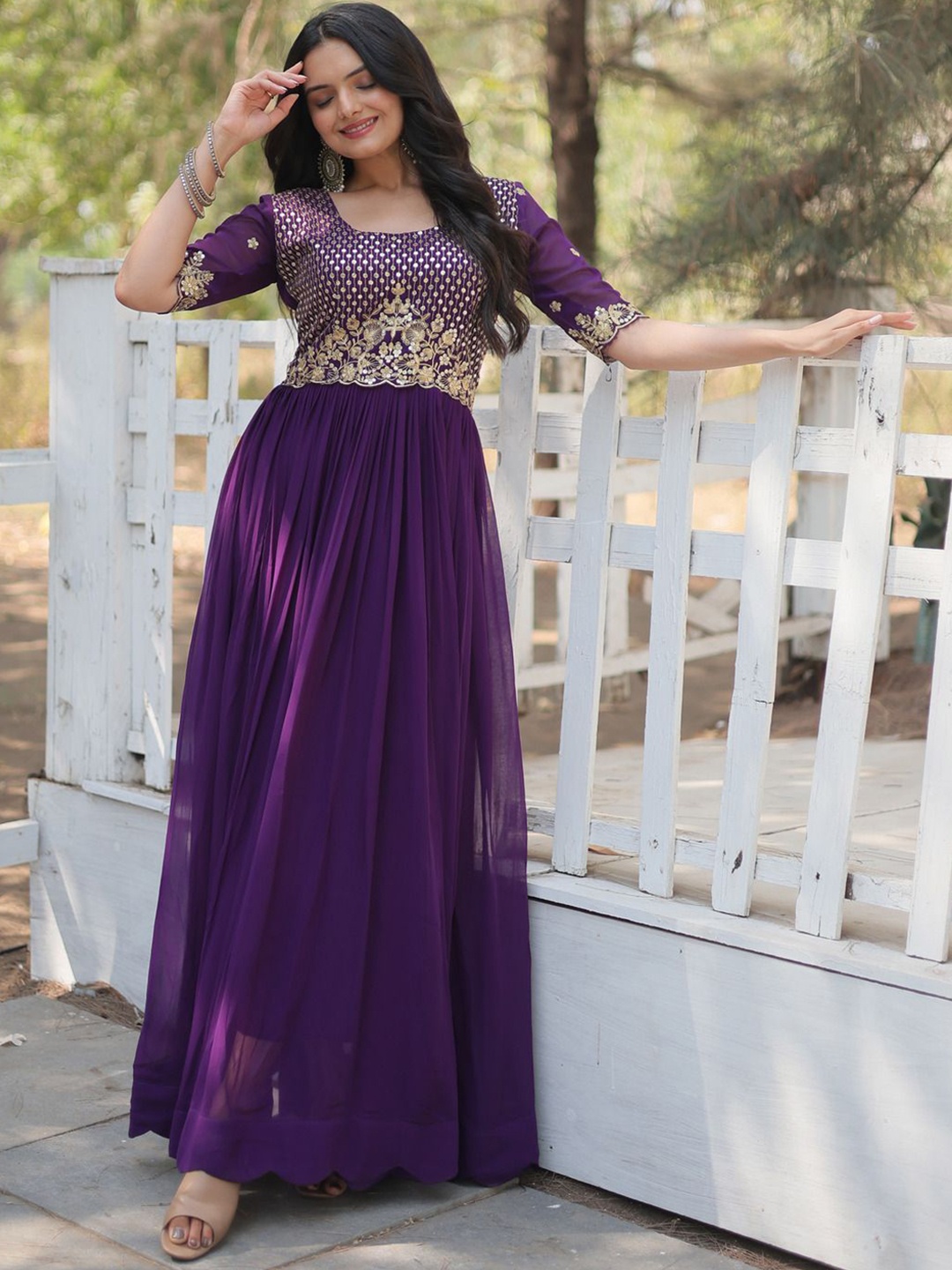 

Fashion Basket Embroidered Fit & Flare Ethnic Dresses, Purple