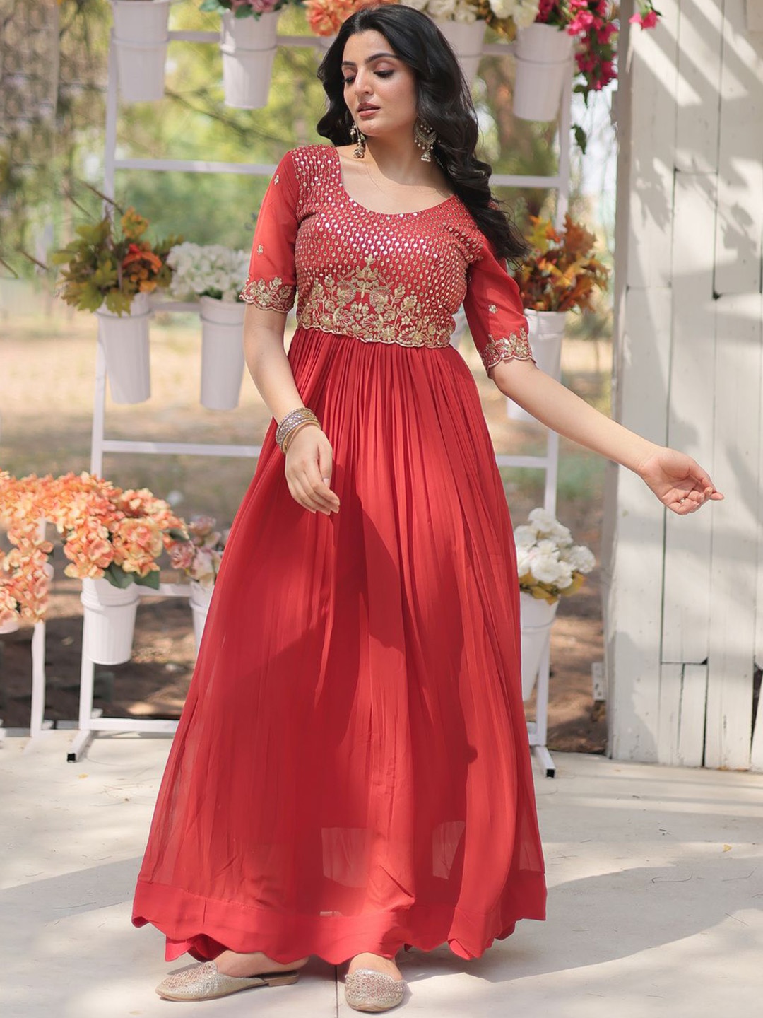 

Fashion Basket Sequinned Embroidered Fit and Flare Ethnic Dress, Red