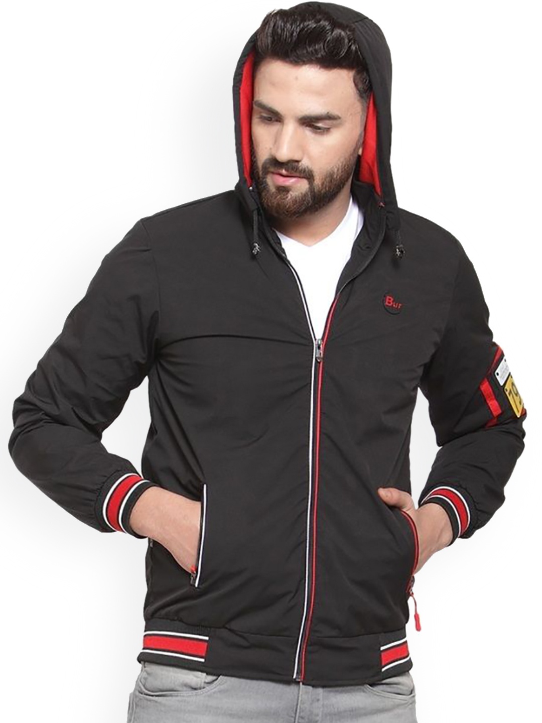 

Ben Martin Men Windcheater Biker Jacket with Patchwork, Black