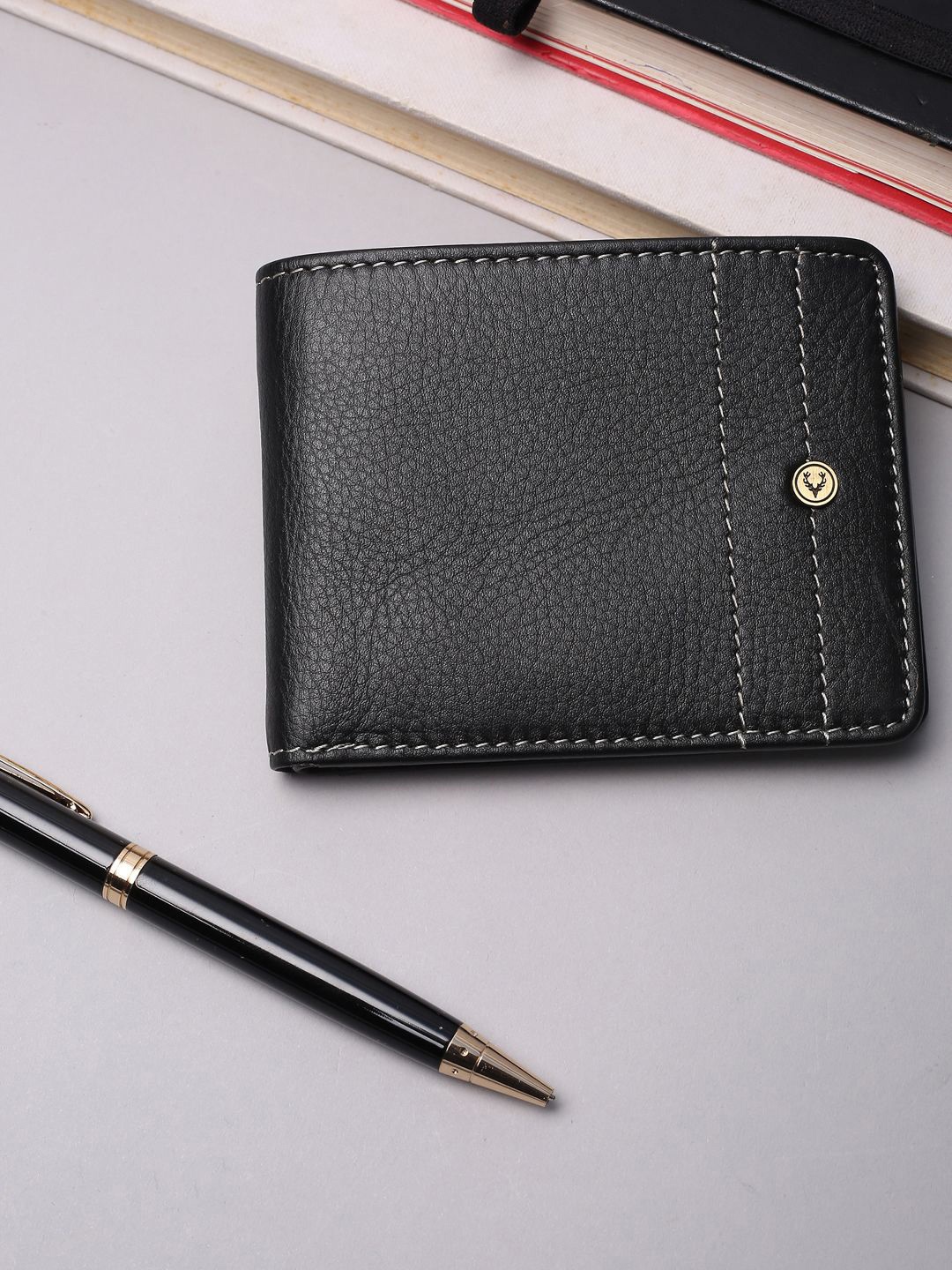 Allen Solly Men Animal Textured Leather Two Fold Wallet, Black