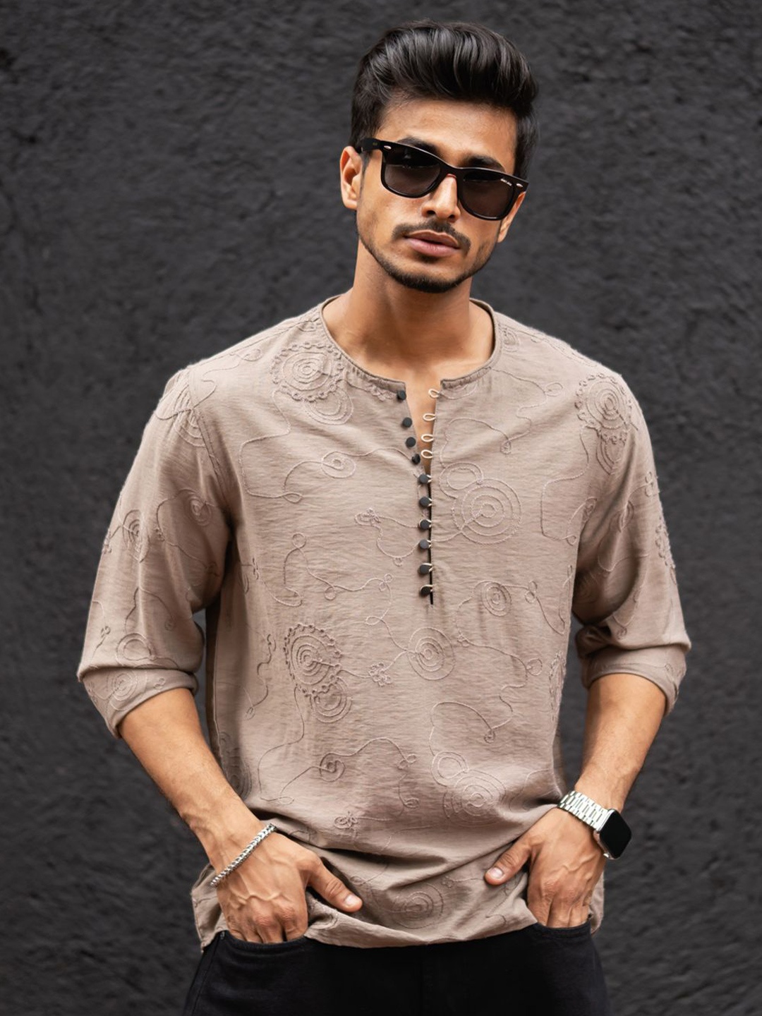 

Powerlook Men Embroidered Kurta Style Casual Shirt, Brown
