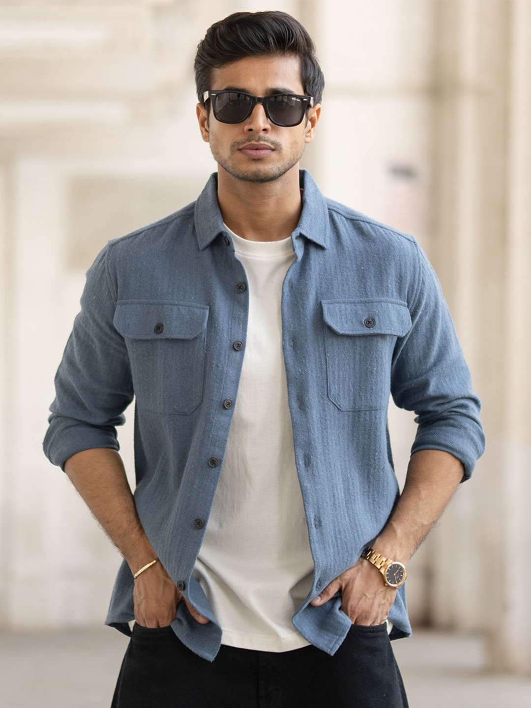 Powerlook Men Spread Collar Solid Cotton Casual Shirt, Blue