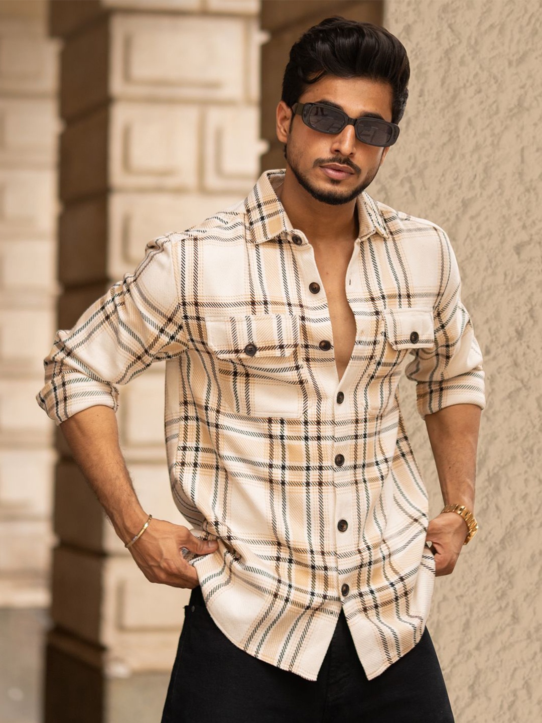 

Powerlook Men Spread Collar Solid Cotton Casual Shirt, Beige