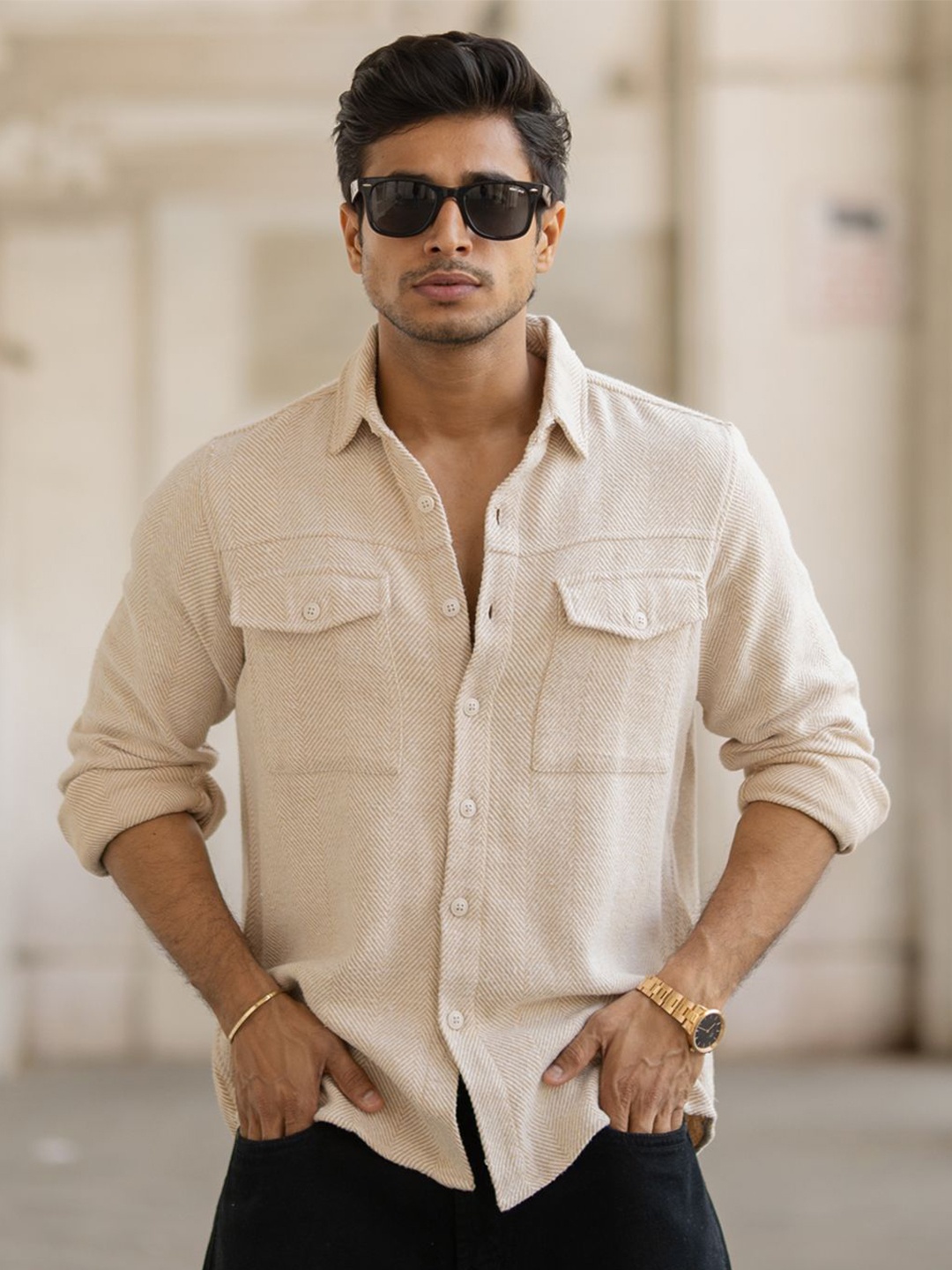 

Powerlook Men Opaque Casual Shirt, Beige