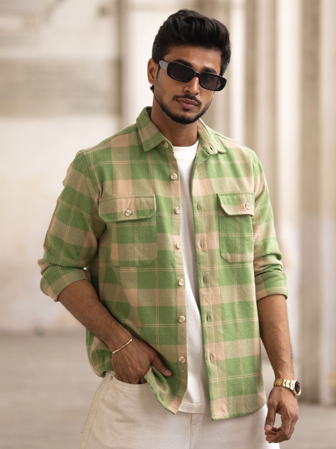 

Powerlook Men Spread Collar Tartan Checked Cotton Casual Shirt, Green