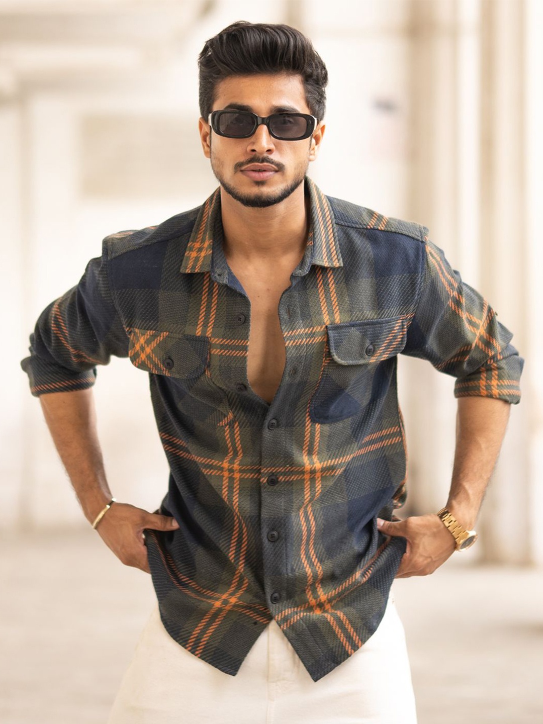 

Powerlook Men Spread Collar Tartan Checked Cotton Casual Shirt, Navy blue