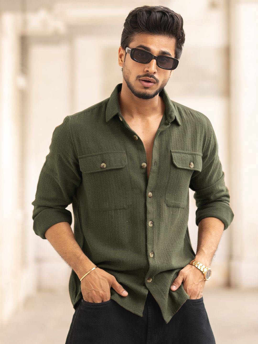 

Powerlook Men Spread Collar Solid Cotton Casual Shirt, Olive