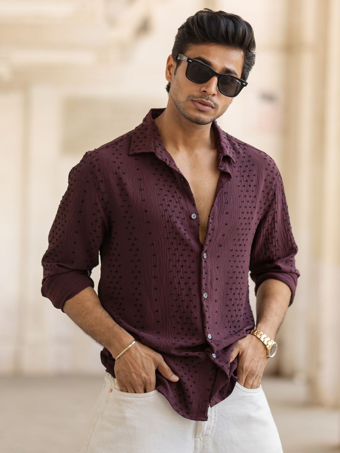 

Powerlook Men Spread Collar Self Design Casual Shirt, Purple