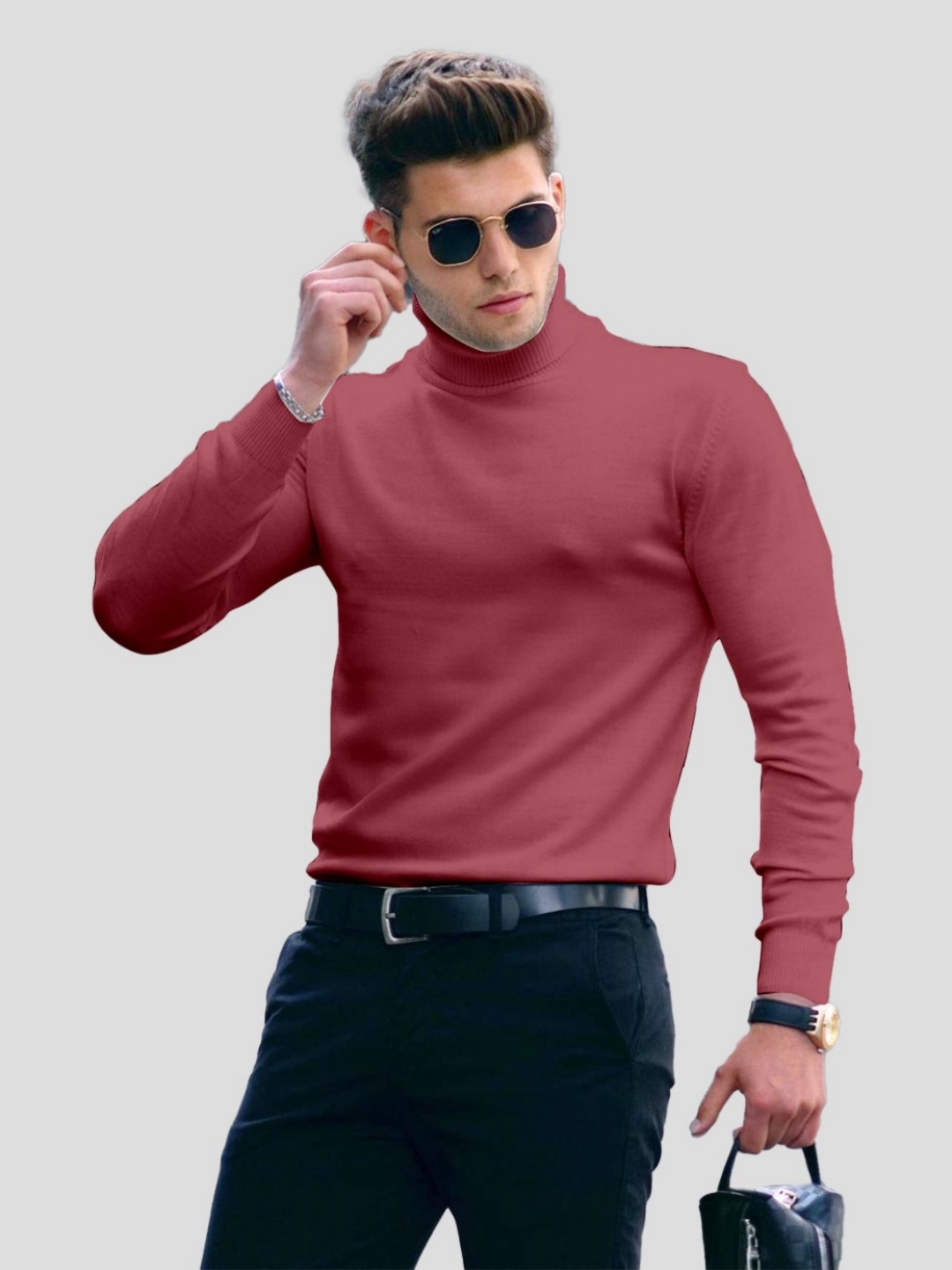 

AUSK Men Solid Turtle Neck Cotton T-shirt, Mauve
