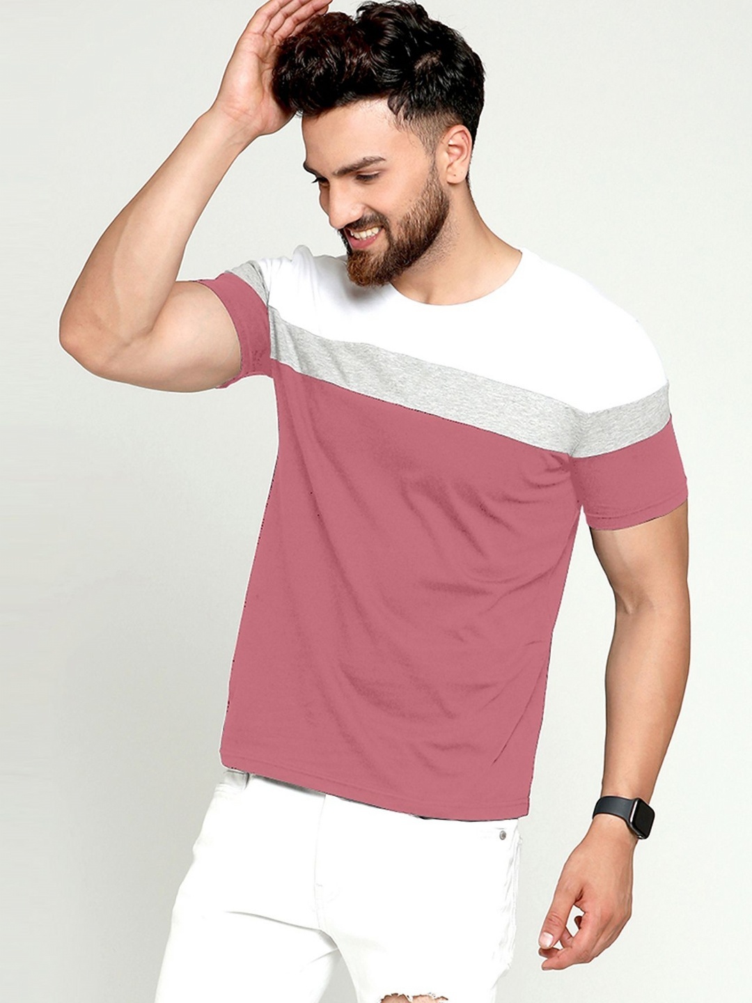 

AUSK Men Colourblocked Round Neck Cotton T-shirt, Peach