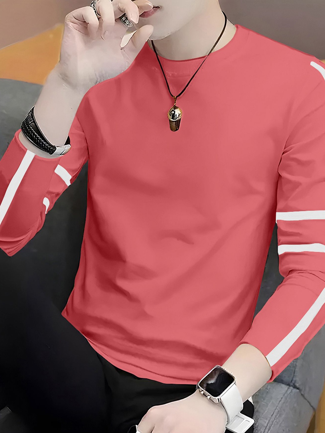 

AUSK Solid Full Sleeve Henley Neck Tshirt, Peach
