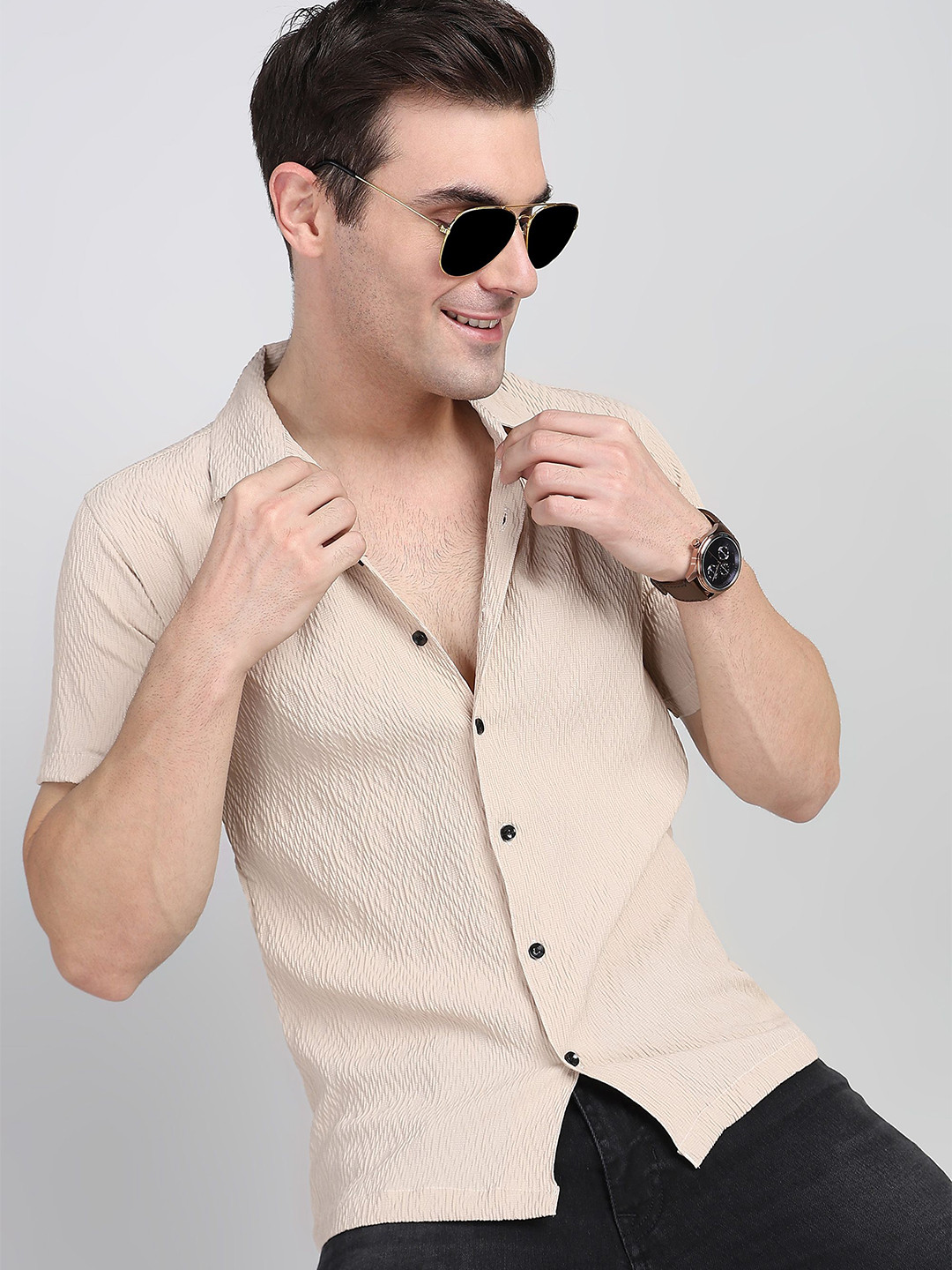 

Wuxi Men Straight Club Collar Solid Casual Shirt, Cream