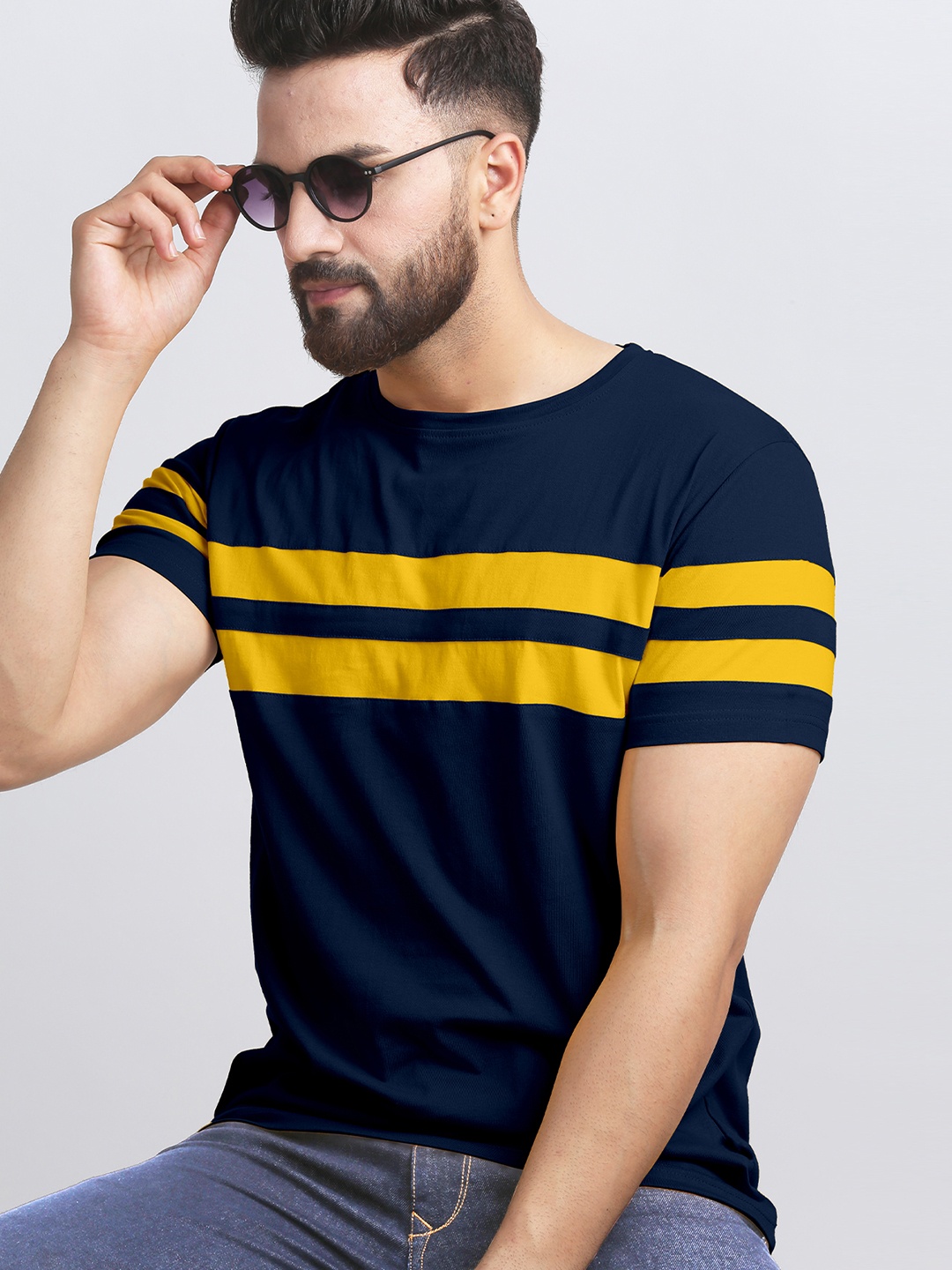 

AUSK Men Striped Round Neck Cotton T-shirt, Navy blue