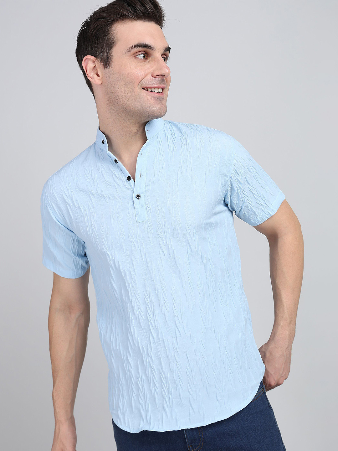 

Wuxi Men Straight Mandarin Collar Solid Casual Shirt, Turquoise blue