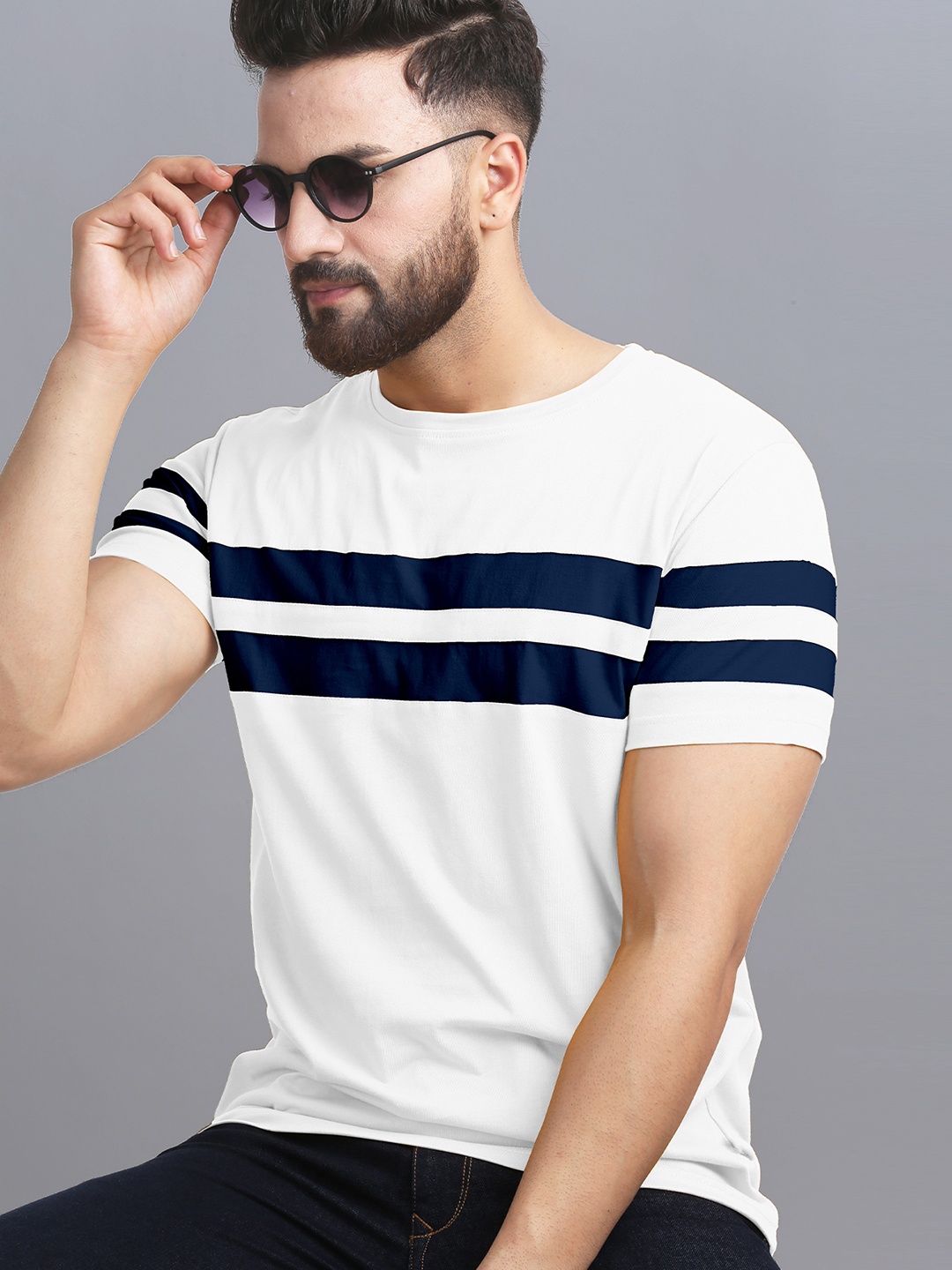 

AUSK Men Striped Round Neck Cotton T-shirt, White