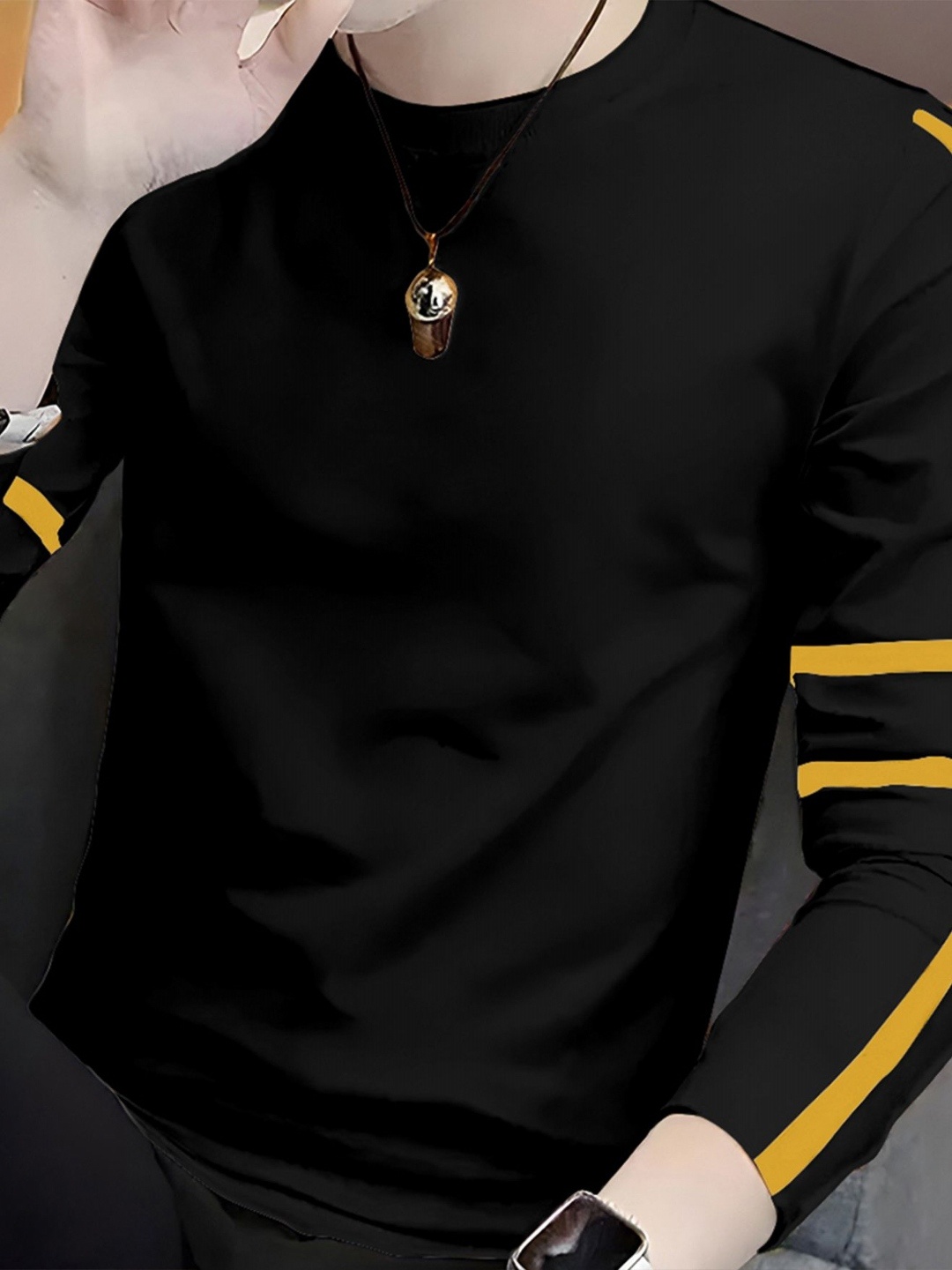 

AUSK Men Striped Round Neck Cotton Oversized T-shirt, Black