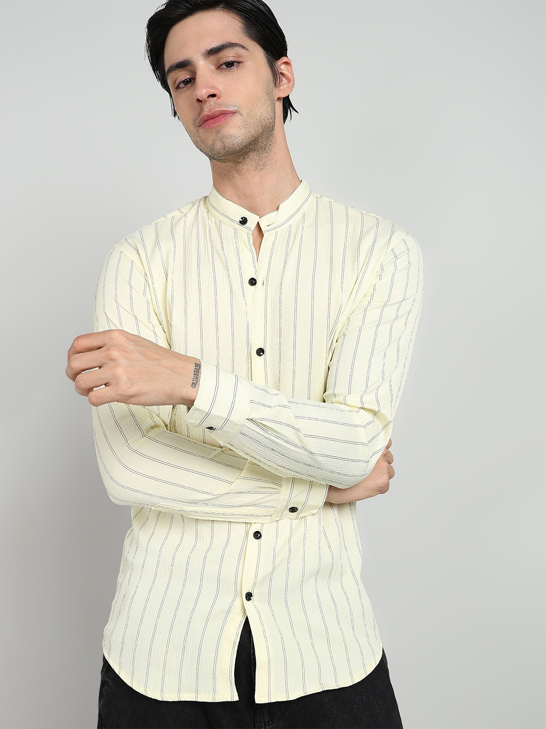Wuxi Men Straight Mandarin Collar Vertical Striped Casual Shirt, Yellow