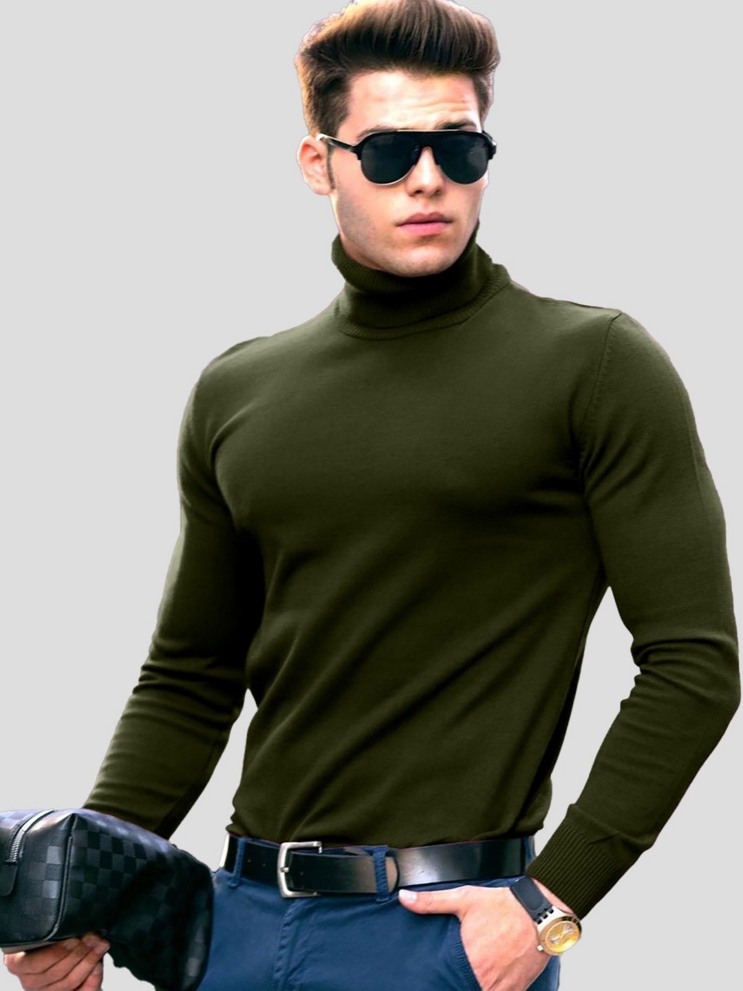 

AUSK Men Solid Turtle Neck Cotton T-shirt, Olive