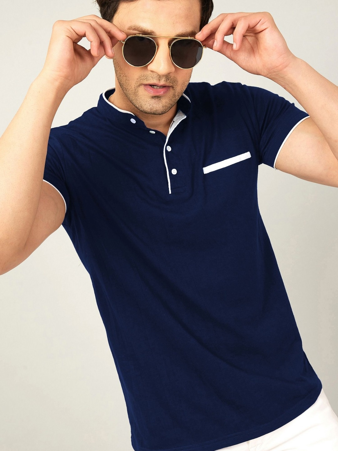 AUSK Men Solid Mandarin Collar Cotton T-shirt, Navy blue
