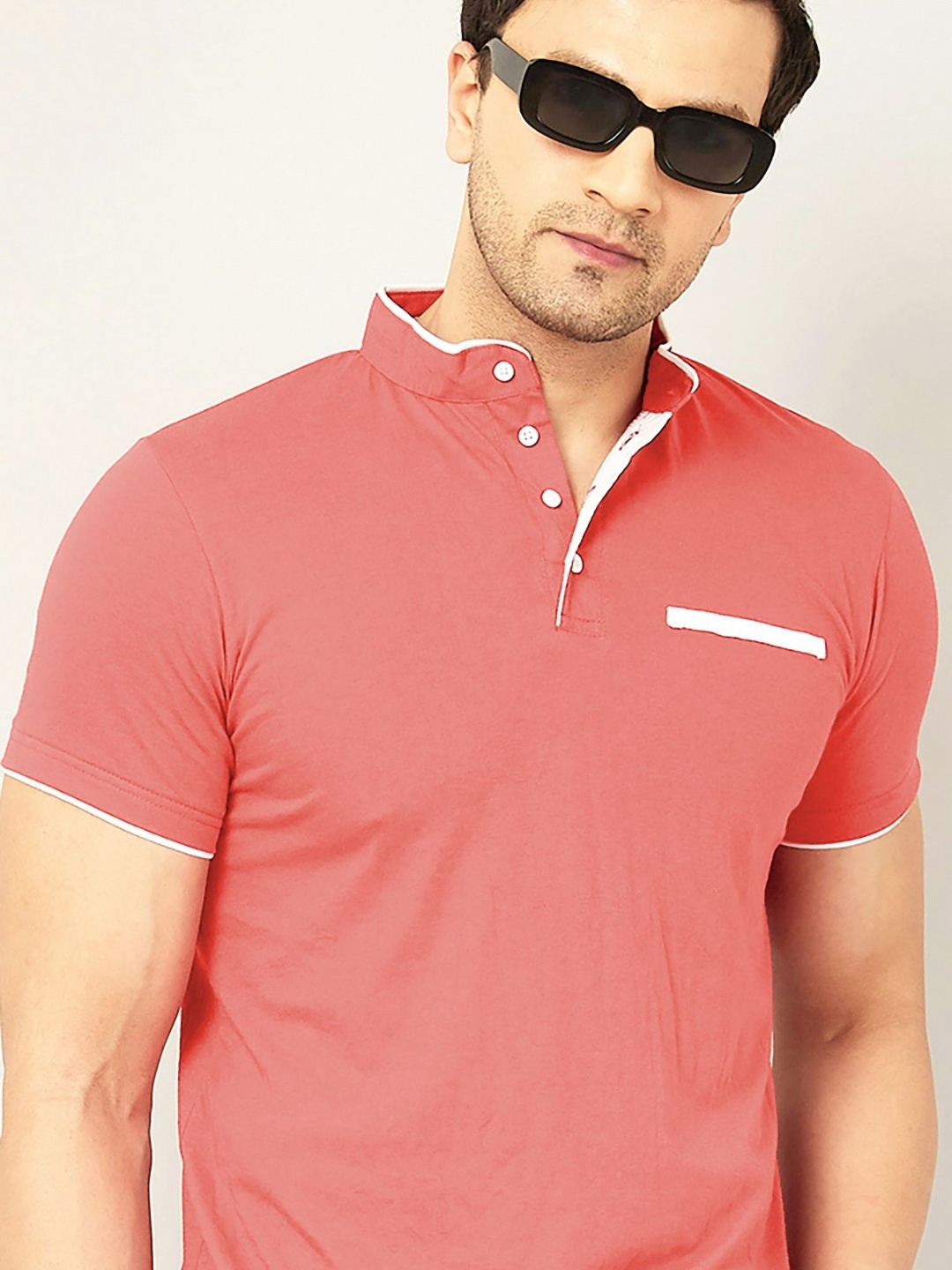 

AUSK Men Solid Mandarin Collar Cotton T-shirt, Peach