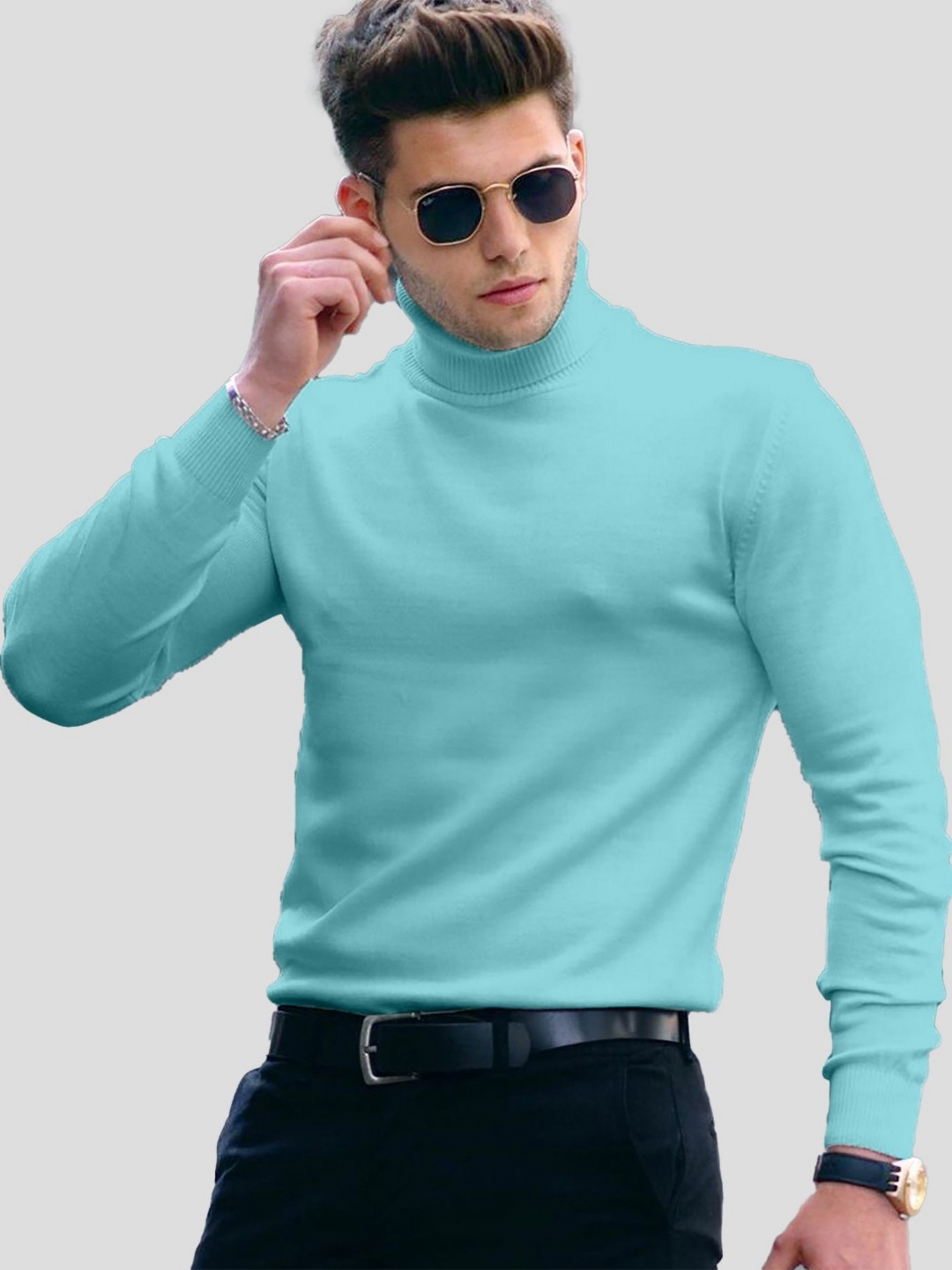 

AUSK Men Solid Turtle Neck Cotton T-shirt, Sea green
