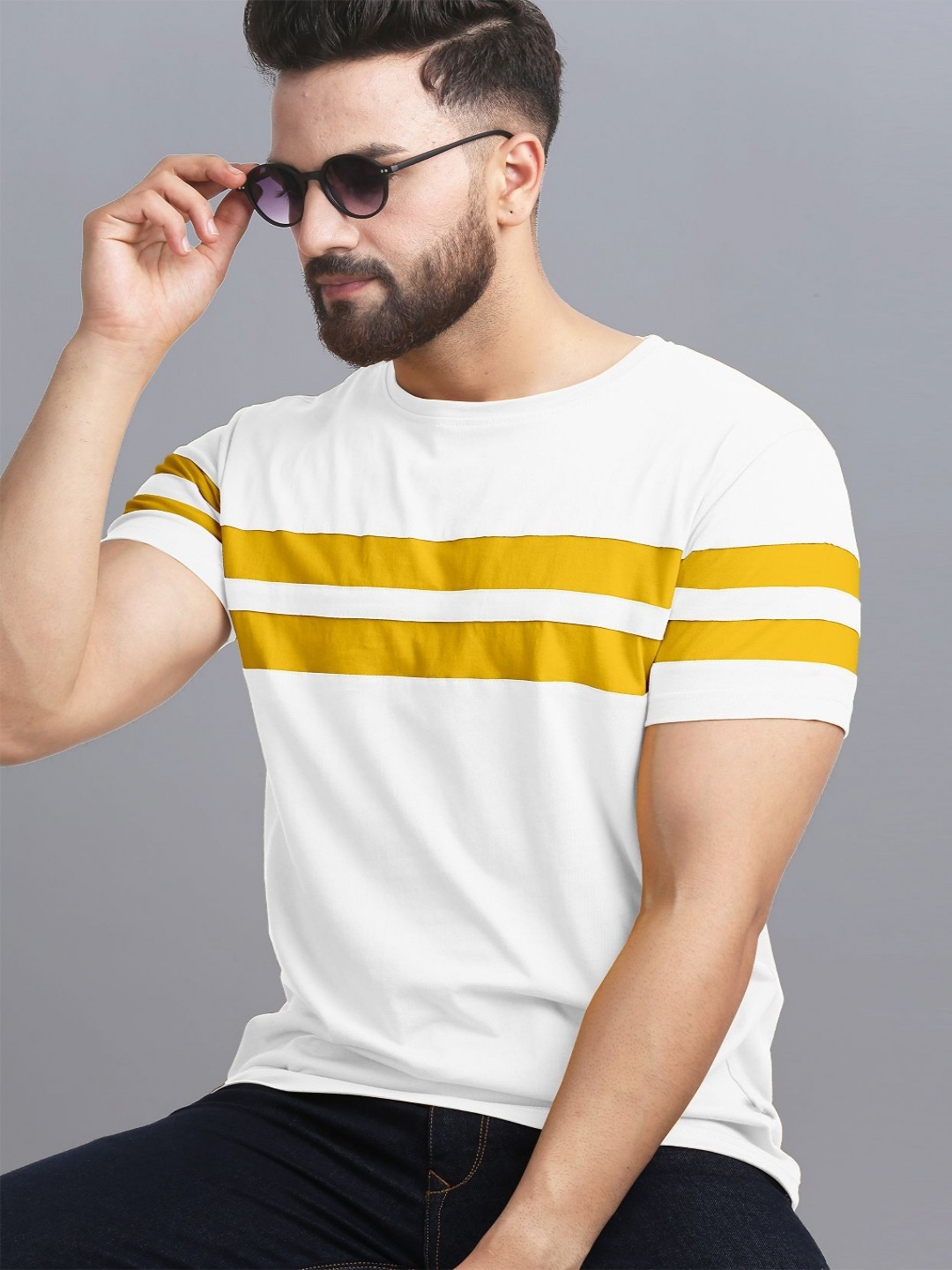 

AUSK Men Striped Round Neck Cotton T-shirt, White