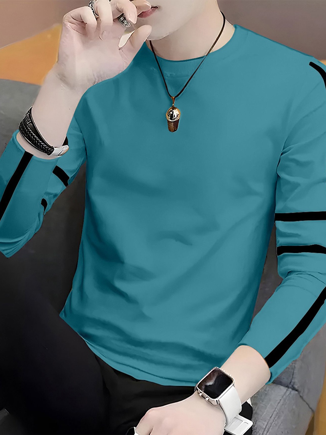 

AUSK Men Striped Round Neck Cotton T-shirt, Teal