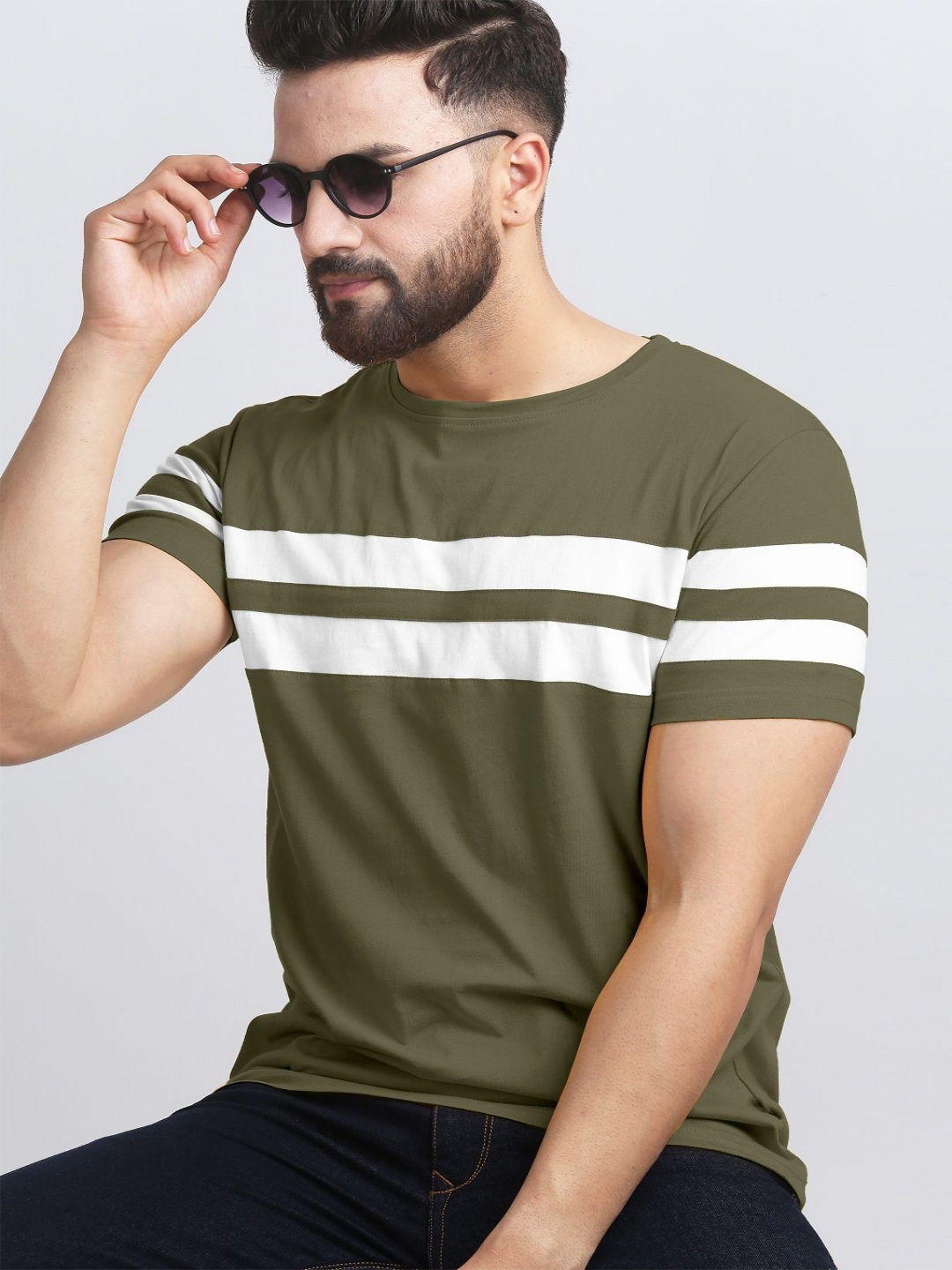 

AUSK Men Striped Round Neck Cotton T-shirt, Olive