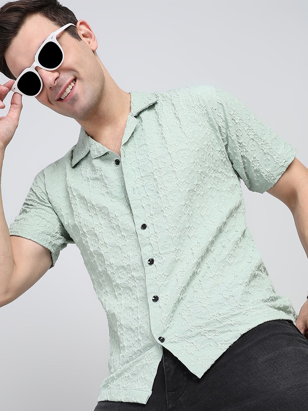 

Wuxi Men Straight Opaque Printed Casual Shirt, Sea green