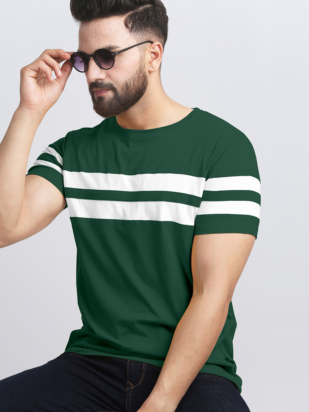 

AUSK Men Striped Round Neck Cotton T-shirt, Green