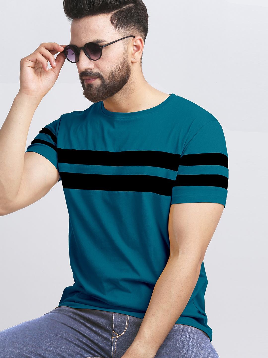 

AUSK Men Striped Round Neck Cotton T-shirt, Teal