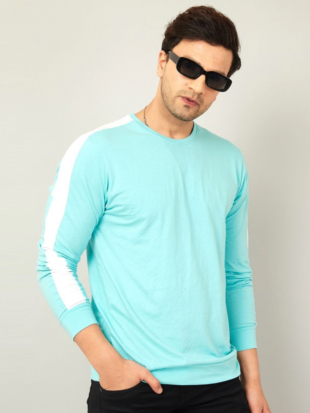 

AUSK Men Striped Round Neck Cotton T-shirt, Turquoise blue