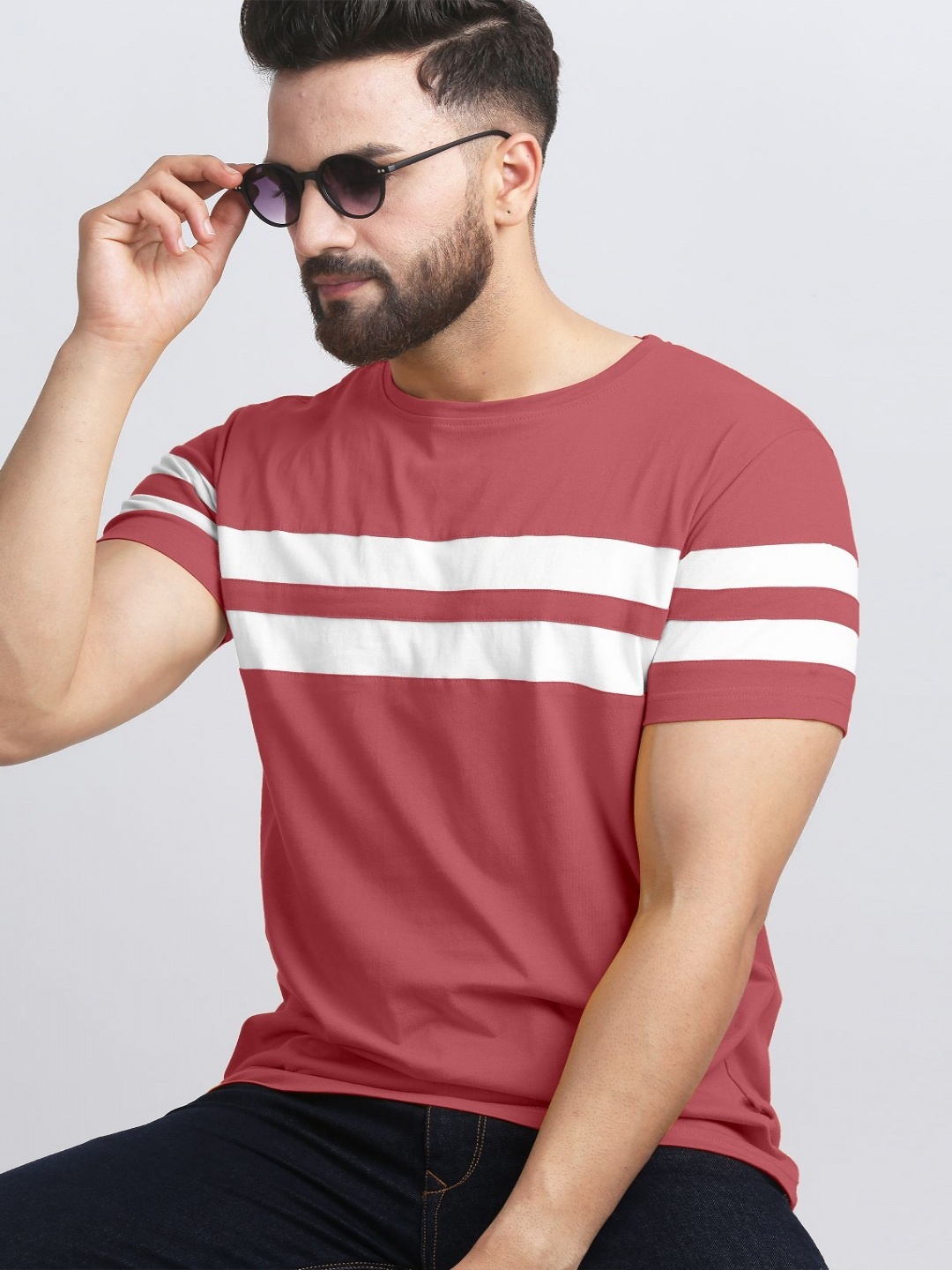 

AUSK Men Striped Round Neck Cotton T-shirt, Mauve