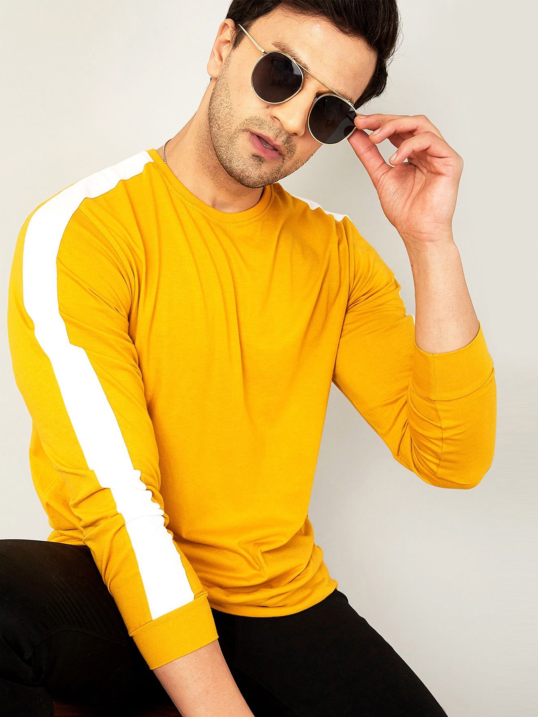 

AUSK Men Striped Round Neck Cotton T-shirt, Mustard