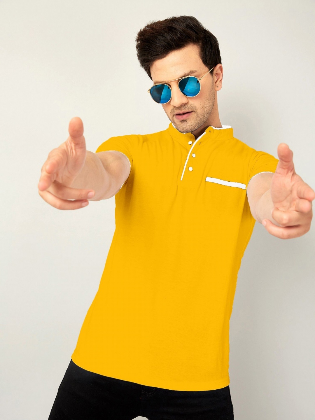 AUSK Men Solid Mandarin Collar Cotton T-shirt, Yellow