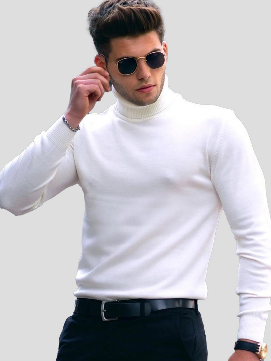 

AUSK Men Solid Turtle Neck Cotton T-shirt, White