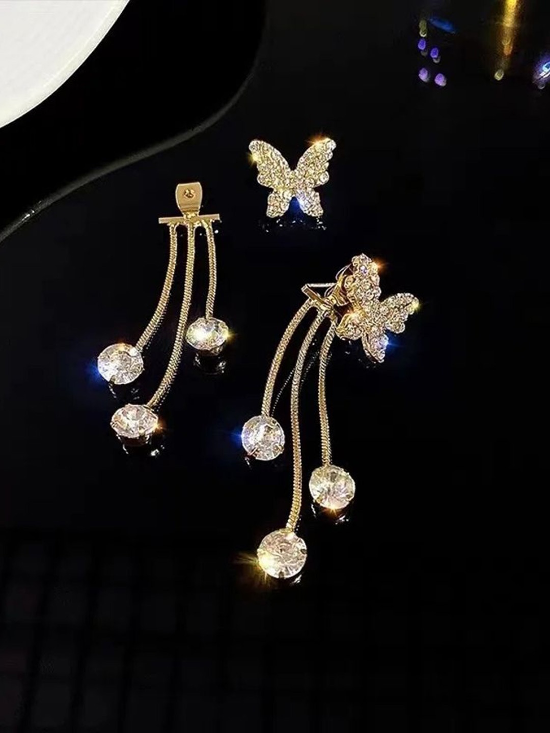 

Celestique Gold-Plated Stone Studded Butterfly Shaped Drop Earrings