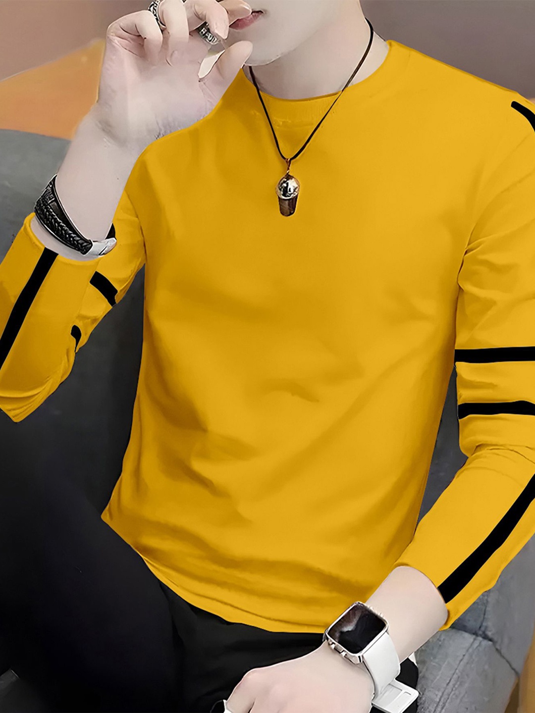 AUSK Men Striped Round Neck Cotton T-shirt, Mustard