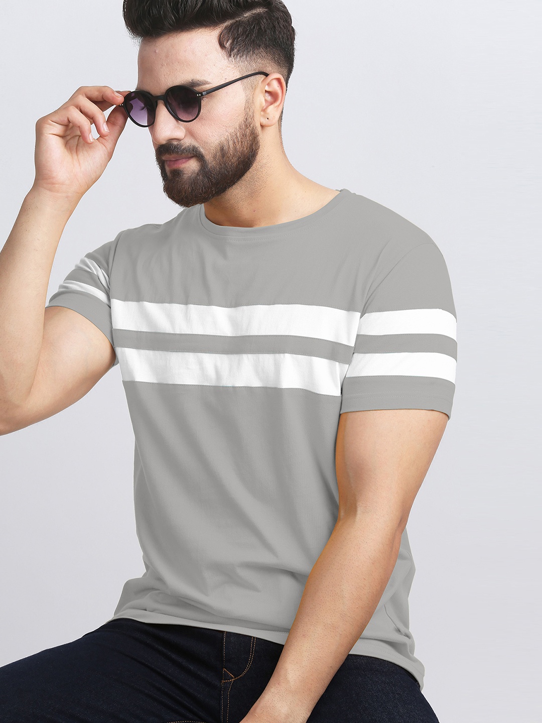

AUSK Men Striped Round Neck Cotton T-shirt, Grey