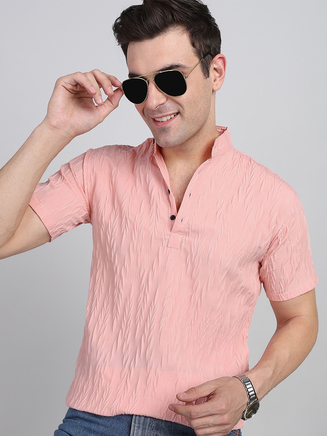 Wuxi Men Straight Mandarin Collar Solid Casual Shirt, Pink