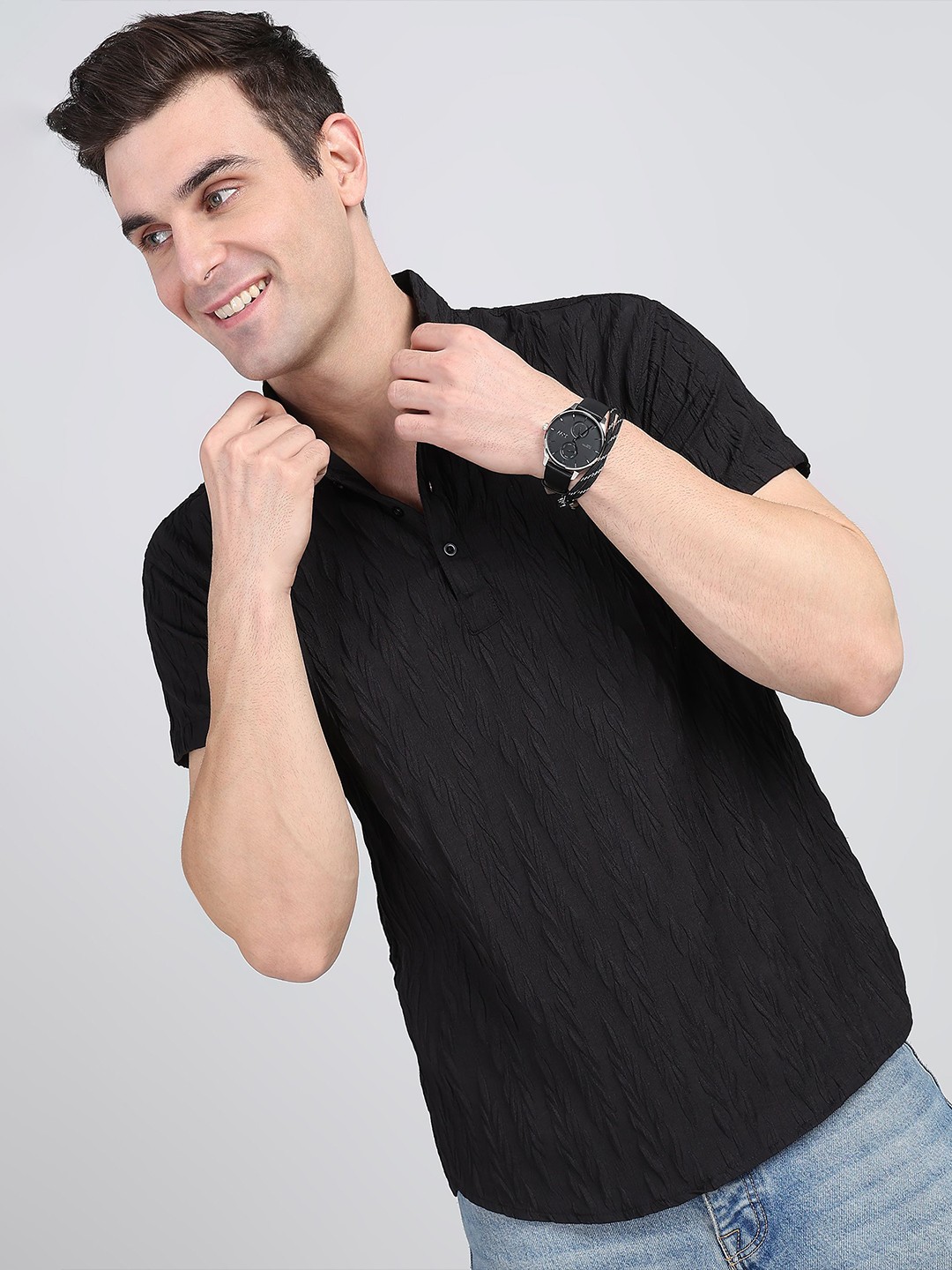 

Wuxi Men Straight Mandarin Collar Solid Casual Shirt, Black