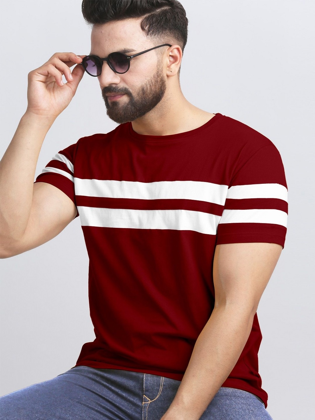 

AUSK Men Striped Round Neck Cotton T-shirt, Maroon