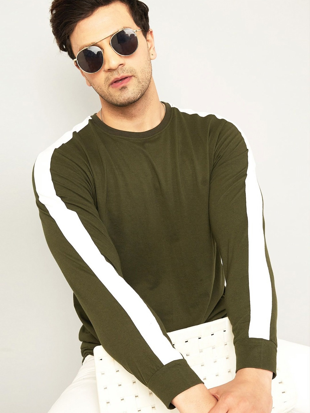 

AUSK Men Striped Round Neck Cotton T-shirt, Olive