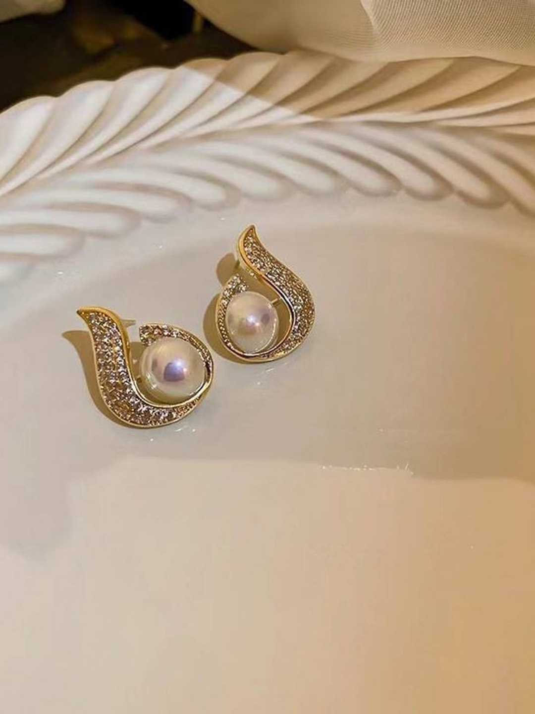 

Celestique Contemporary Stone Studded & Pearl Studs, Gold