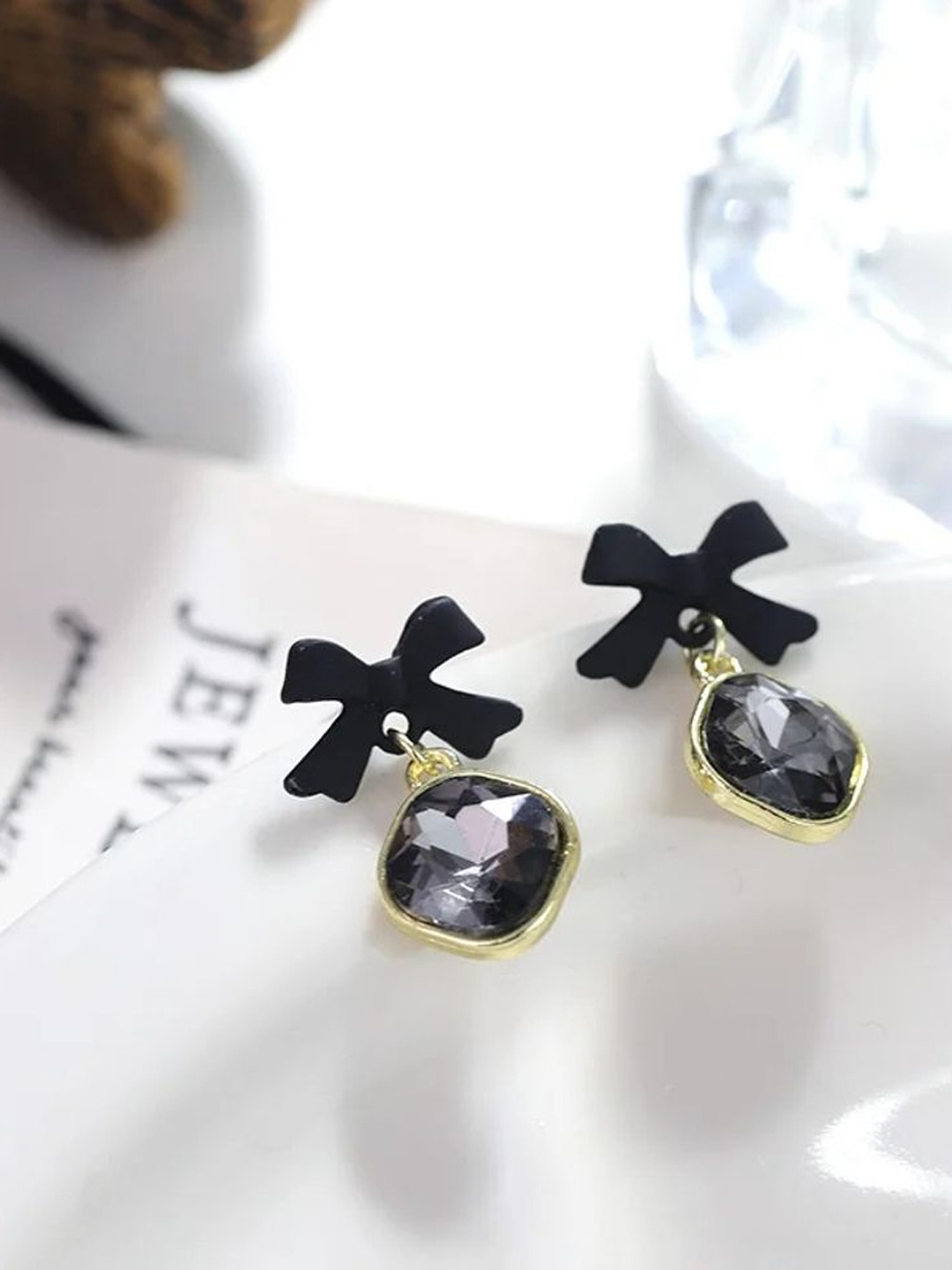 

Celestique Crystals Studded Contemporary Drop Earrings, Black